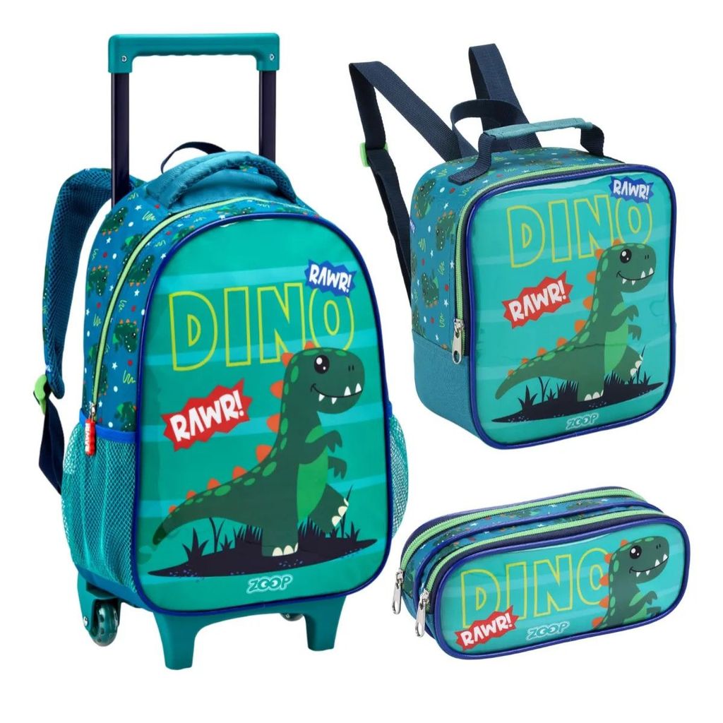 Kit Mochila Rodinhas Dinossauro Lancheira Estojo Verde Escolar Infantil Seanite