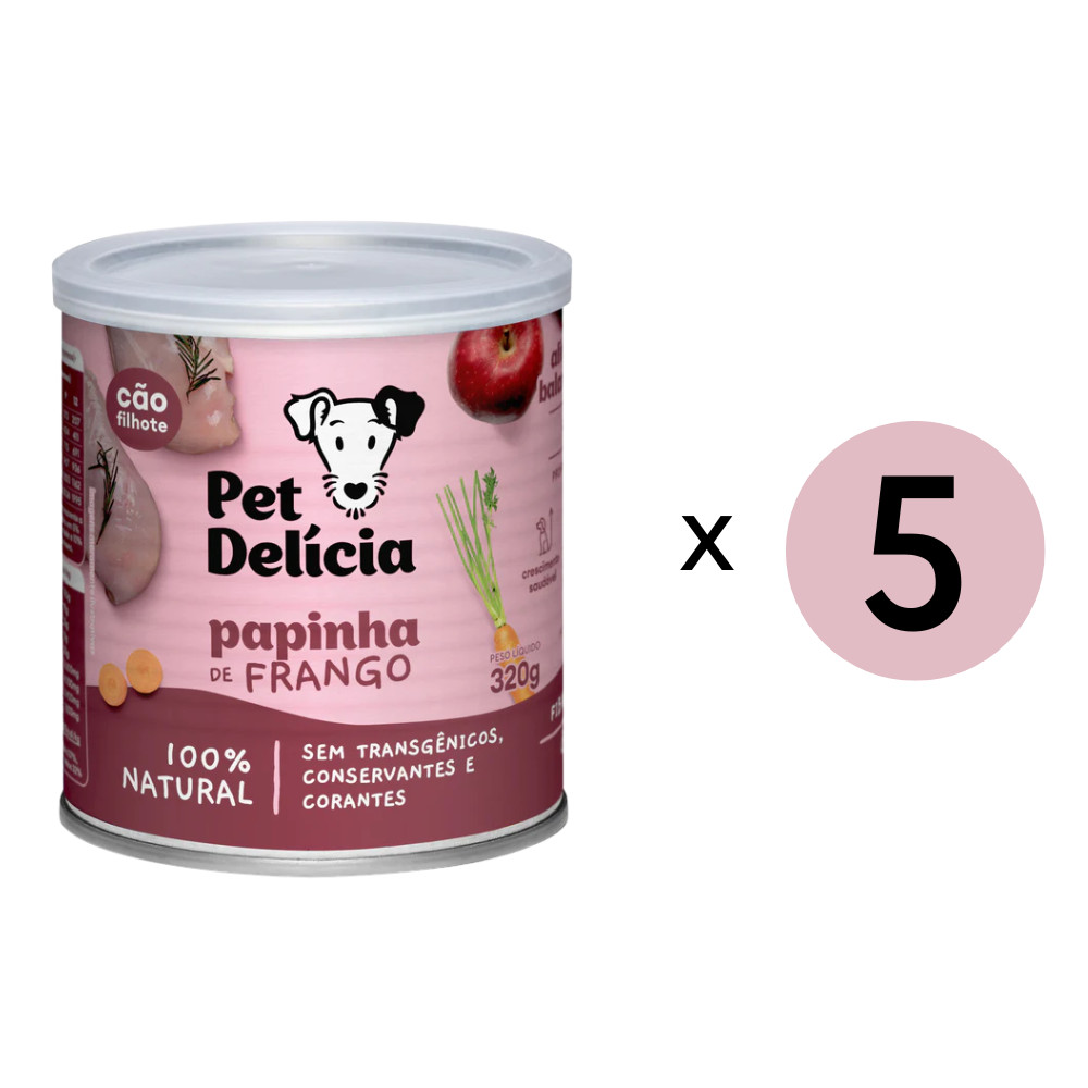 Kit 5 Ração Úmida Pet Delícia Cães Papinha De Frango - 320G