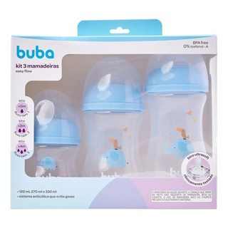 Buba Kit 3 Mamadeiras Anticólicas Easy Flow Elefante Azul 120ml, 270ml e 330ml