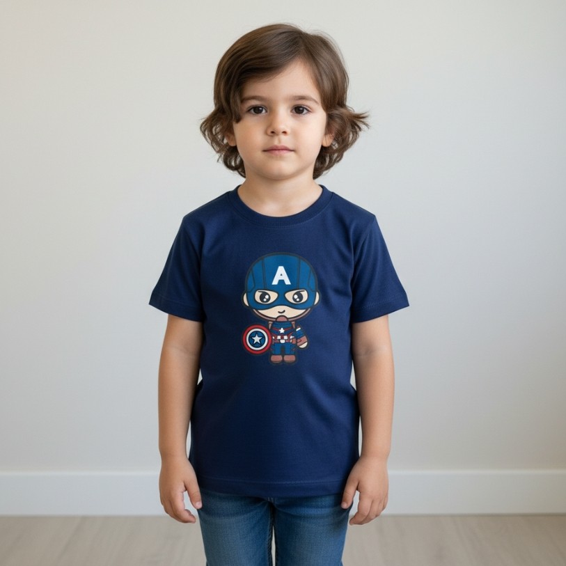 Camiseta Infantil Capitão América Azul Estampada Manga Curta Confortável Criança Casual Moderna
