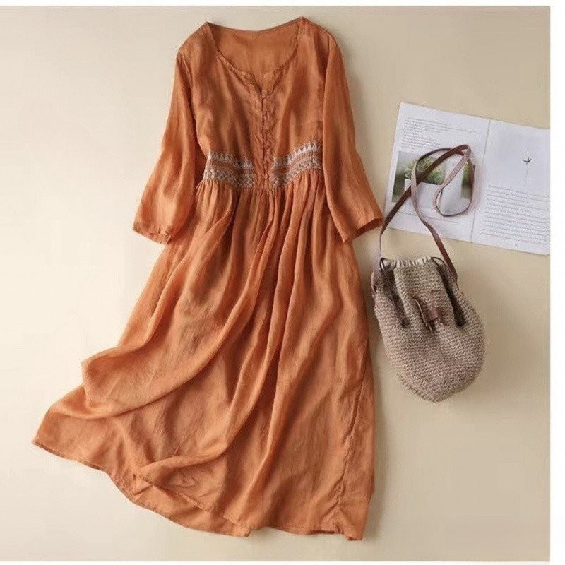 Roupas femininas roupas de algodão estilo literário novo estilo étnico bordado arte em torno do pescoço mangas até o tor