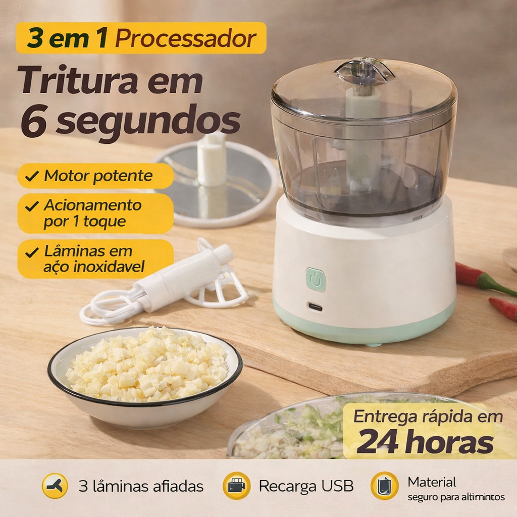 Mini Processador de Alimentos Elétrico 350ml | Picador de Alho, Cebola e Pimenta | Triturador Portátil USB