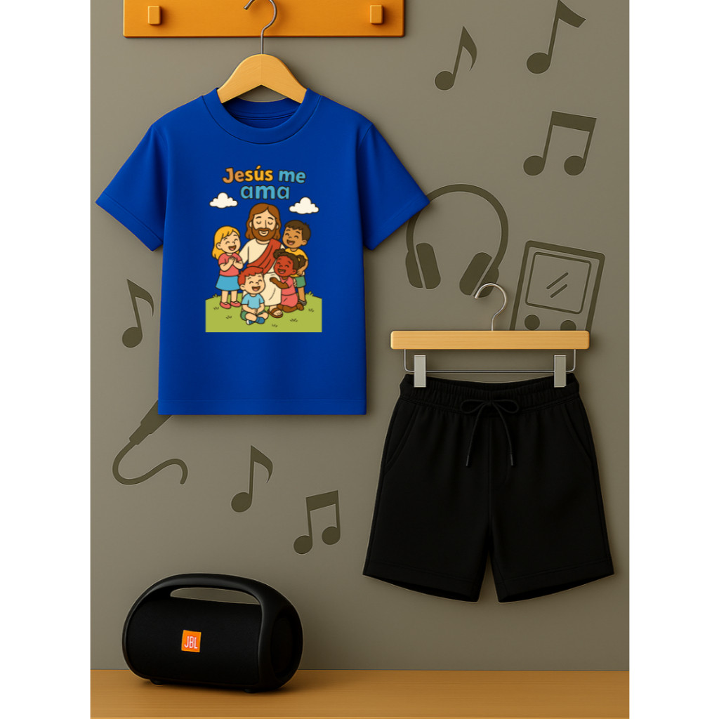 Conjunto Jesus Me Ama Infantil Juvenil Camiseta e Bermuda Moletom Algodão Macio Menino Menina