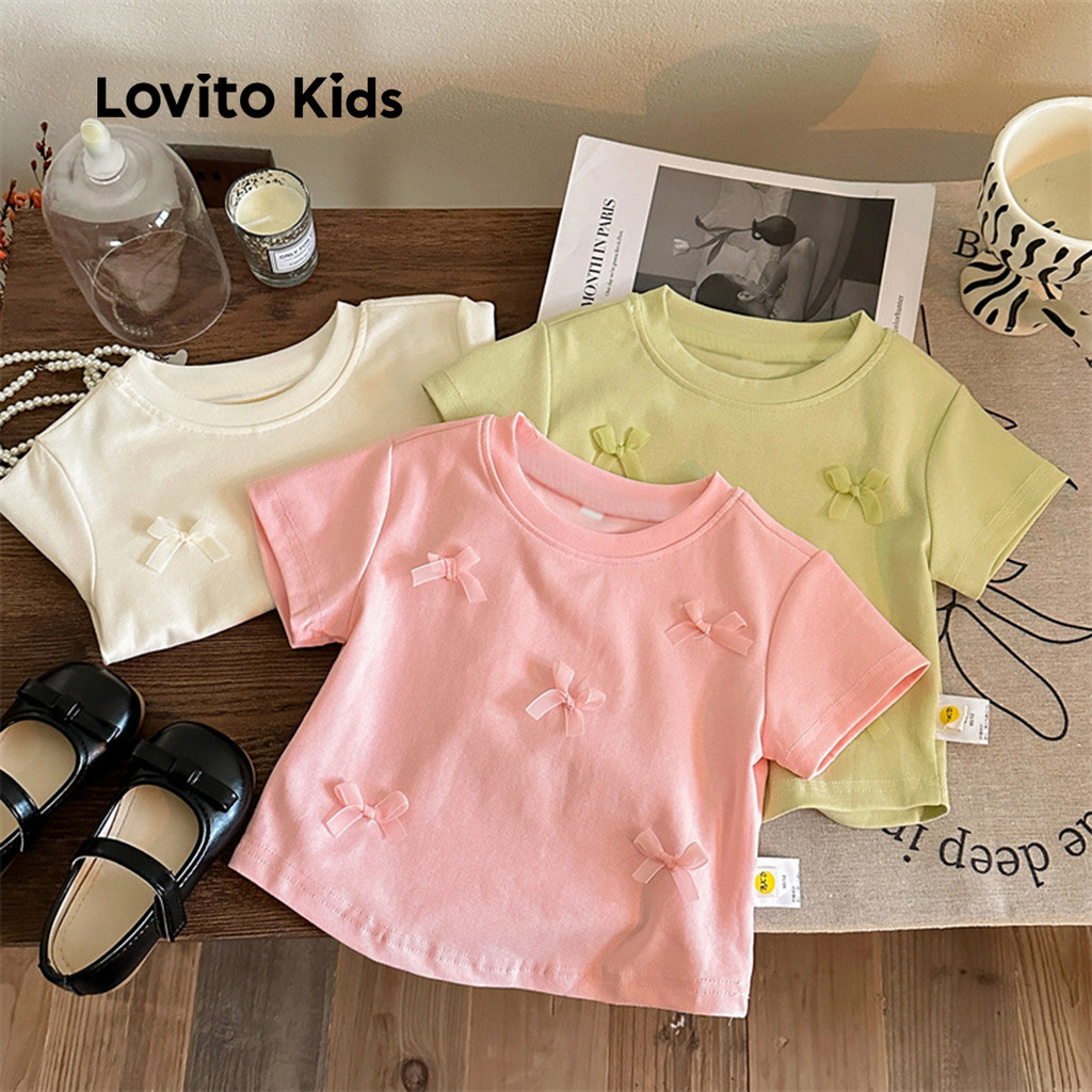 Lovito Kids Camisa Casual com Laço Da Série Morandi de Cores Primavera/verão Camiseta Rosa para menina LNL119165