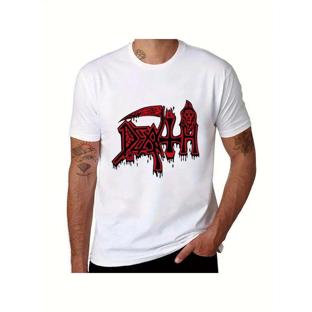 Camiseta Masculina Pesada DEATH LOGO - Estampa Gótica de Heavy Metal com Foice Vermelha, Branca - Corte Regular para Sho