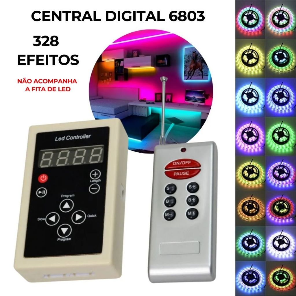 Controlador Para Fita LED Digital 6803 RGB 12V Com Controle 328 Efeitos | Chroma Arco Iris