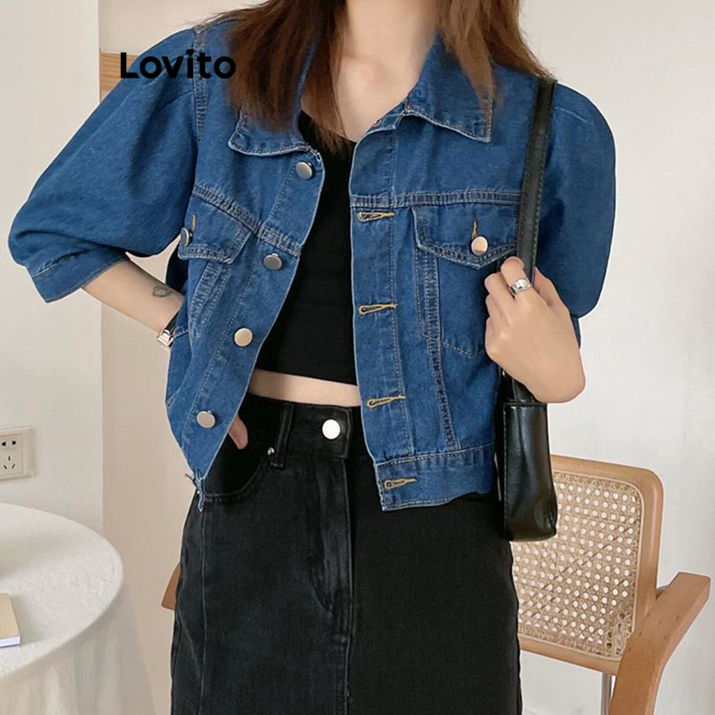 Lovito Jaqueta Casual Lisa Com Botões Frontais Jeans Jaqueta Verão/primavera Para Mulheres LNM70229 em Oferta na Shopee