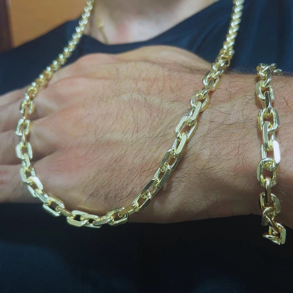 KIT CORRENTE + PULSEIRA CADEADO QUINA 10MM 100% em Moeda Antiga idêntico a ouro 18k