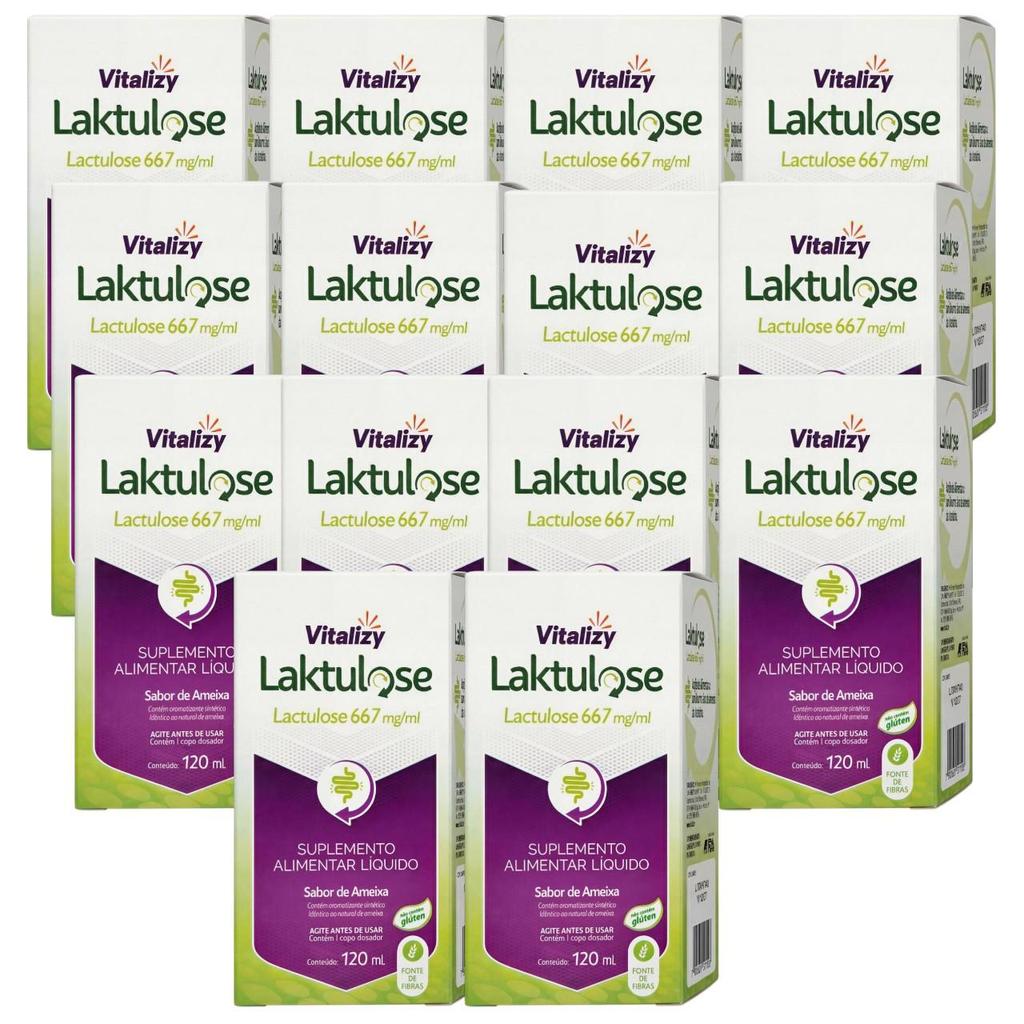 KIT Lactulose 14 Caixas de 120ml cada Vitalizy 667mg/ml  Ameixa Regulador Intestinal Sem Glúten Fonte De Fibras Natural