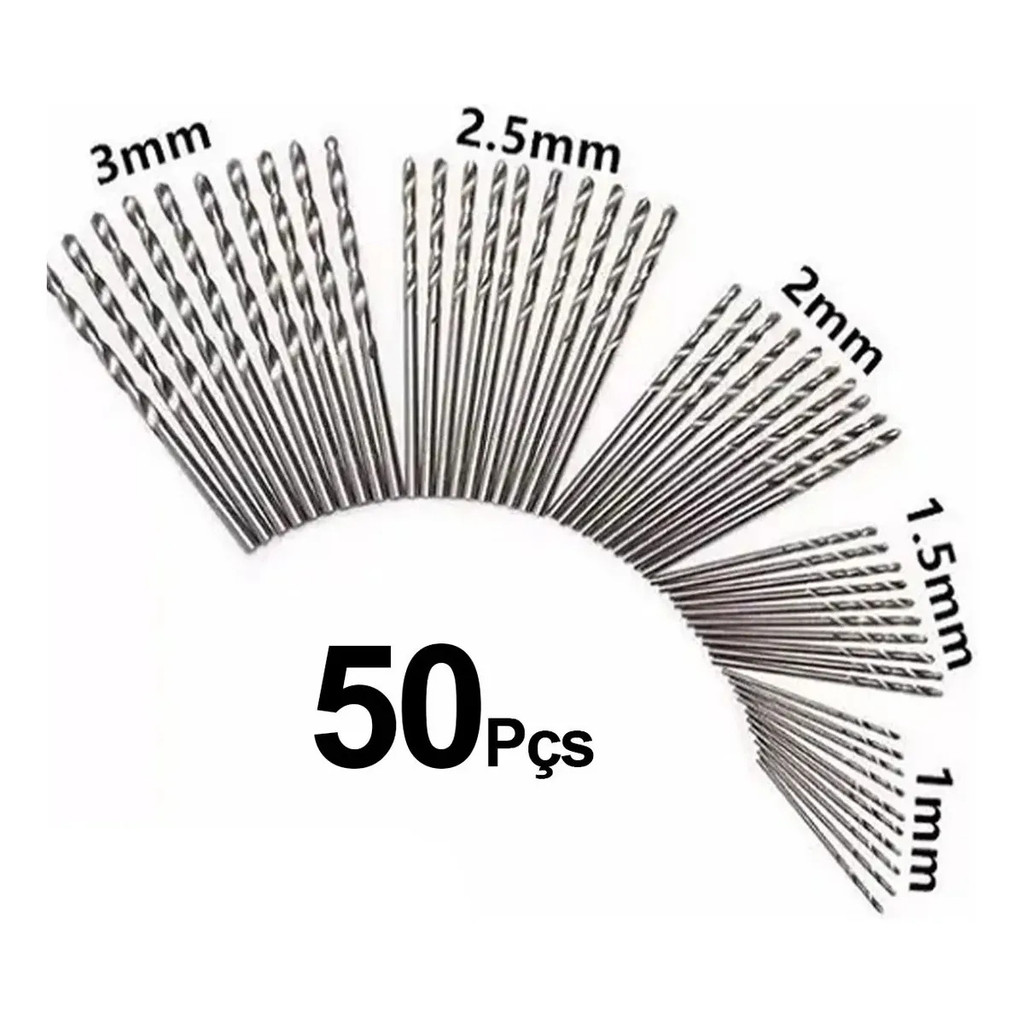 Kit Jogo 50 Brocas Aço Rapido 1mm, 1,5mm, 2mm, 2,5mm E 3mm