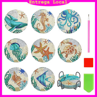 Conjunto de 8 porta-copos de pintura de diamante de vida marinha, brinquedo DIY para pais e filhos