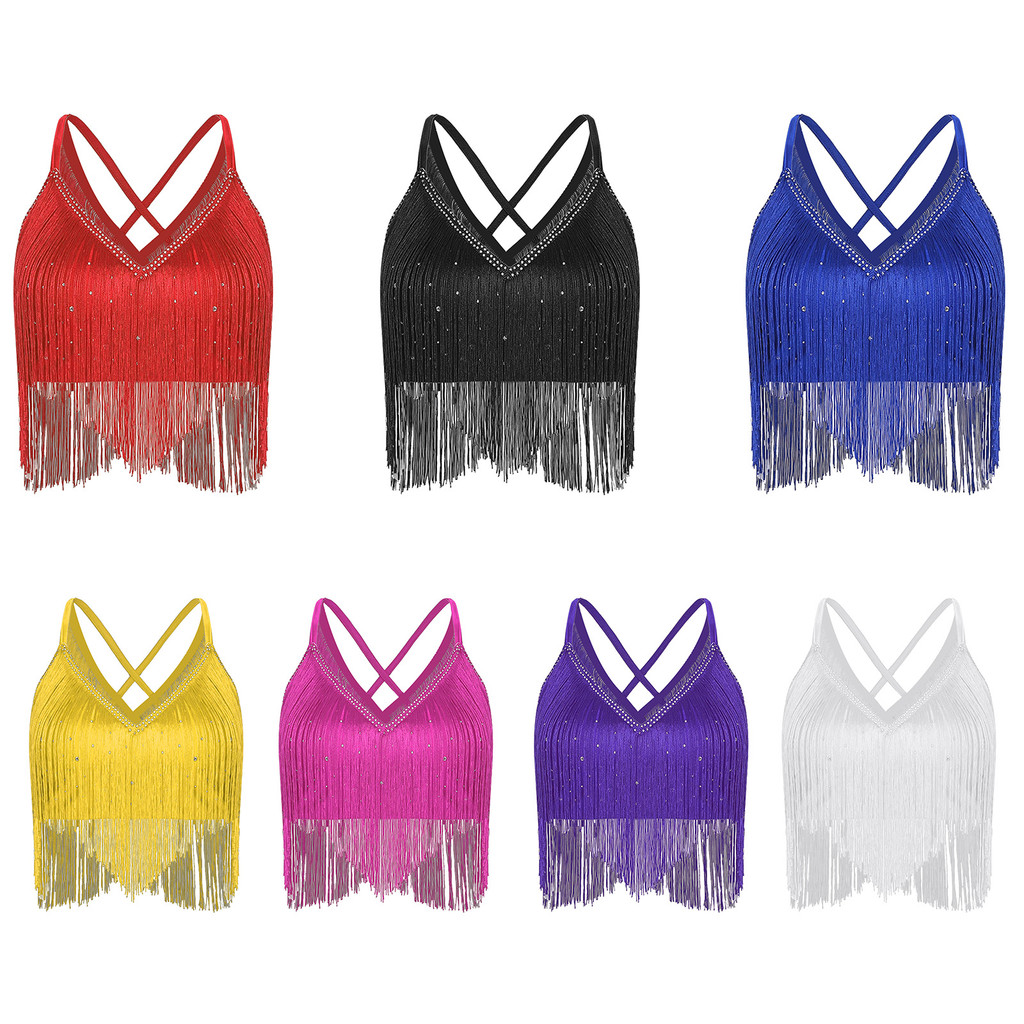 inhzoy Women Salsa Latin Dance Performance Competition Costume V-Neck Sleeveless Crisscross Back Fringe Crop Top