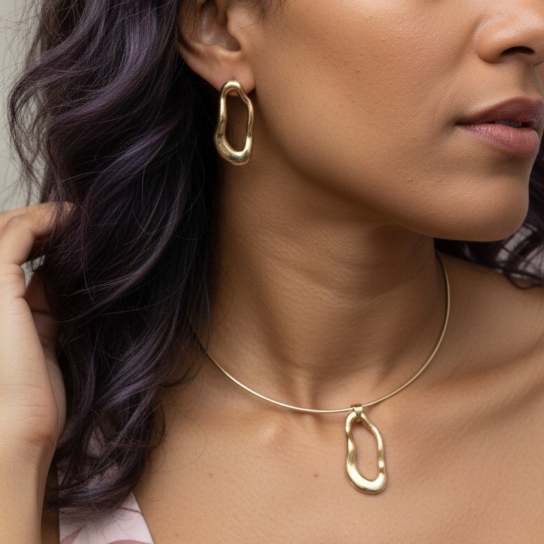 Kit Colar Choker Dourado com Pingente e Brinco | Formato Ondulado em Oferta na Shopee