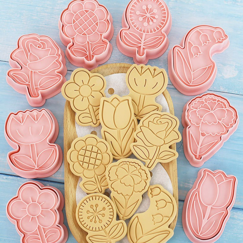 Kit de 8 Peça de Cortador de Biscoitos Florais - Carimbo de Massa de Açúcar p/ Decoração de Cupcake, Casamentos e Festas