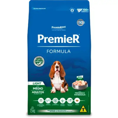 Ração Seca Premier Fórmula Light para cães adultos de raças médias sabor frango 15kg.