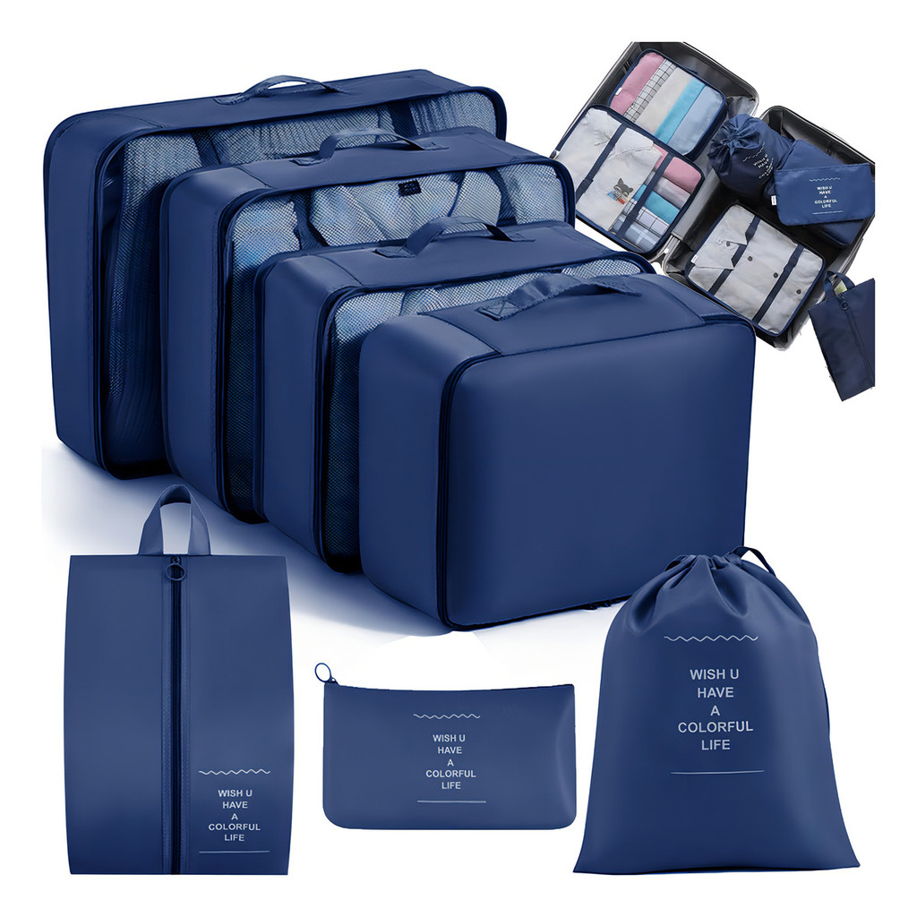 Organizador De Malas Bolsas De Viagem Kit Necessaire 7 Cor Azul-escuro Desenho Do Tecido Liso em Oferta na Shopee