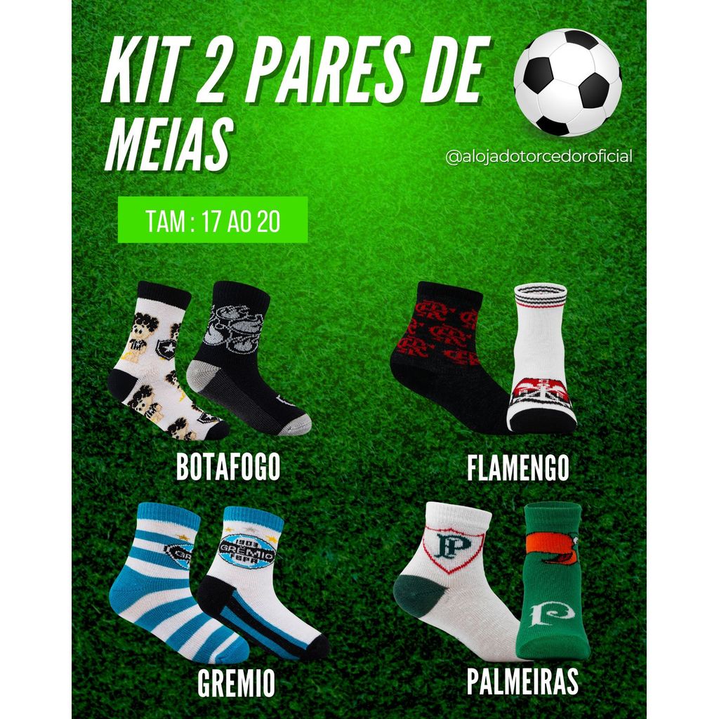 Kit 2 Pares Meia Baby Palmeiras, Grêmio, Flamengo, Botafogo Licenciada Oficial Torcedor Treino 17/20
