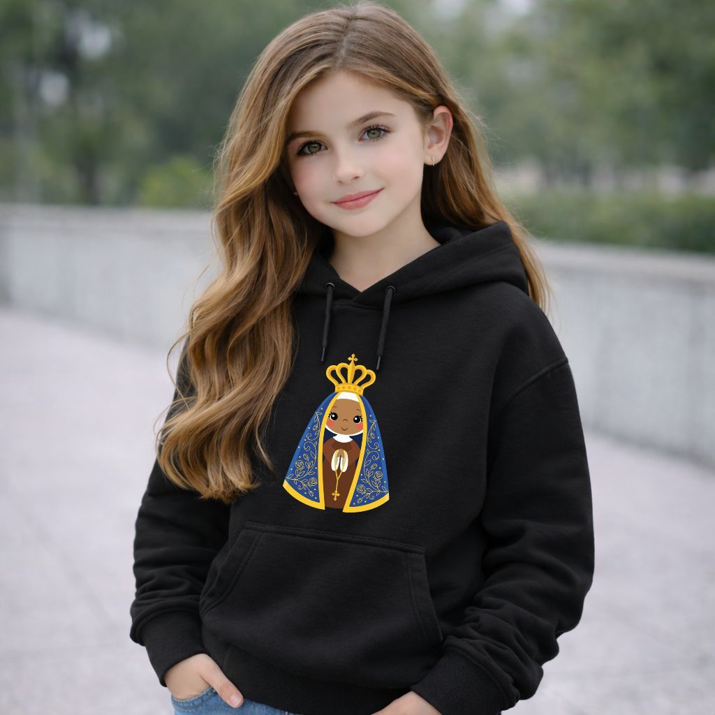 Moletom Infantil Nossa Senhora Aparecida Devocional Capuz Canguru Roupa Católica Kids Confortável Inverno