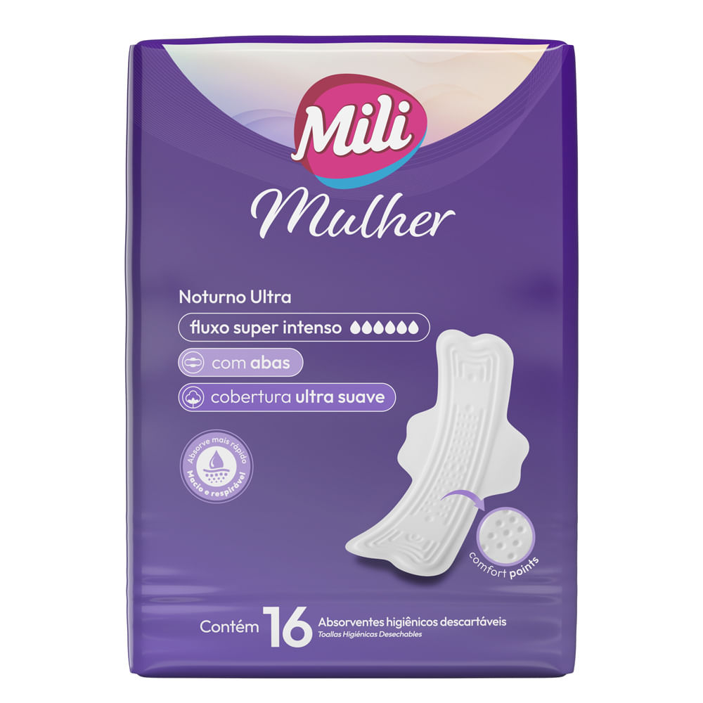 Absorvente Mili Mulher Noturno Discreto Fluxo Super Intenso Ultra Suave com Abas 16 Unidades em Oferta na Shopee