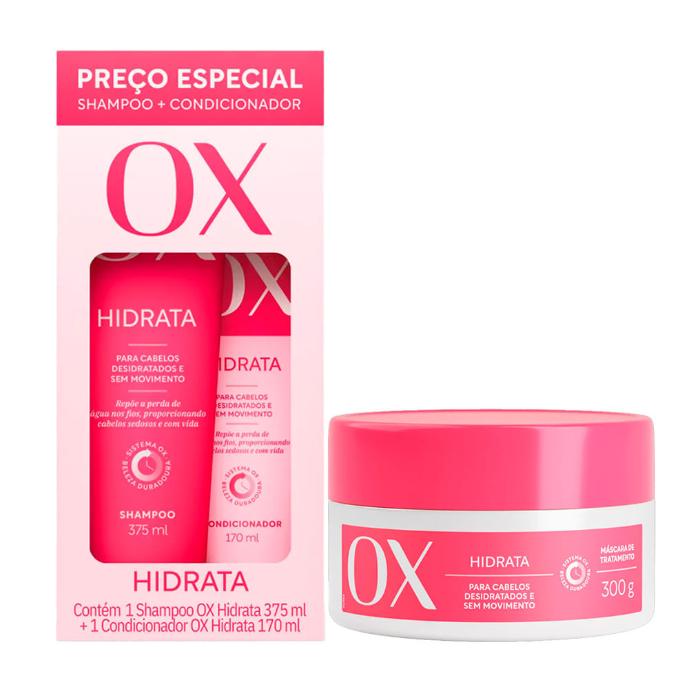 Kit Ox Shampoo 375ml e Condicionador Hidrata 170ml  Mais Máscara Ox Hidratação 300g em Oferta na Shopee
