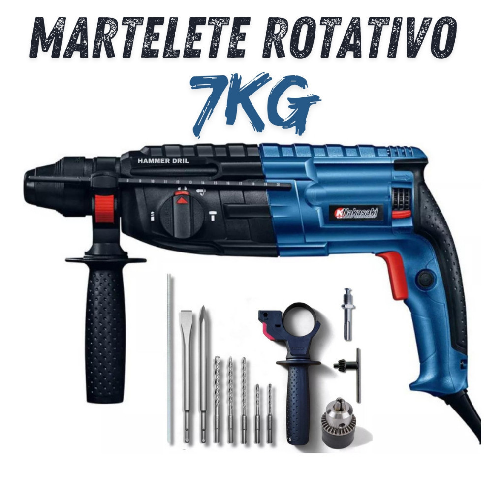 MARTELETE ROTATIVO FURADEIRA DE IMPACTO 7KG 1200W  PROFISSIONAL 12 PEÇAS