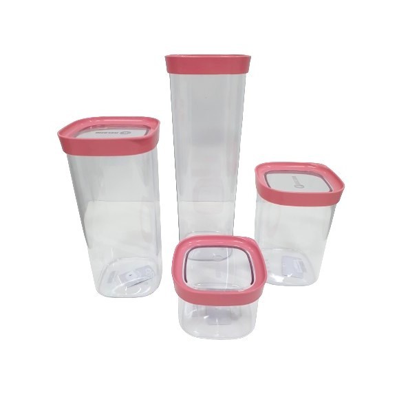 Kit 4 Potes Herméticos Helsim Tampa Rosa Transparente Para Mantimentos e Cozinha