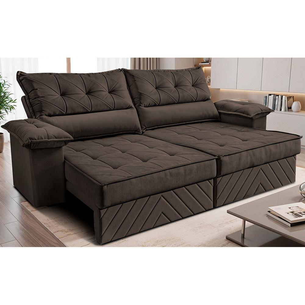 Sofá Retrátil e Reclinável 3,00m com Molas e Espuma D33 Thunder Velusoft Café Cama inBox
