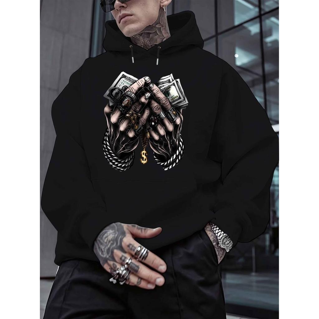 Blusa Casaco Moletom Frio Canguru Bolso Capuz Streetwear Casual Masculino Unissex Estampa Mãos Dinheiro Swag Anel Dolar