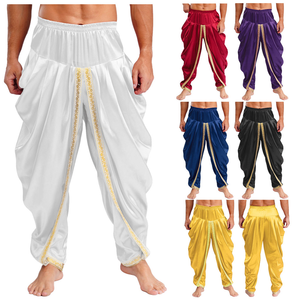 inhzoy Calça Masculina De Cetim Dhoti Casual Cintura Elástica Drapeada Folgada Para Festa Temática De Férias em Oferta na Shopee