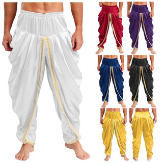 Calças Masculinas De Cetim Dhoti Casuais Com Cintura Elástica Drapeadas Largas Para Festa Temática De Férias