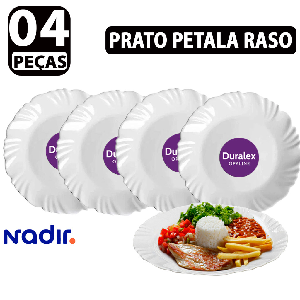 Kit jogo 04 Pratos Raso Nadir Duralex prato de Vidro Pétala Branco Opaline Jantar Redondo Resistente