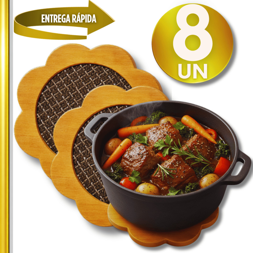 Kit 08 Descansos de Panela em Bambu Resistente, Suporte Para Panelas Quentes, Utensílios de Cozinha, Protetor Utilidades