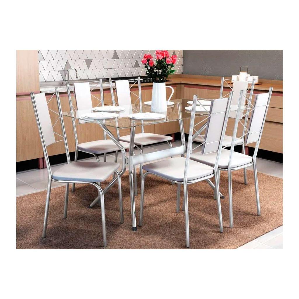 Sala de Jantar Completa Loire c/ Tampo de Vidro 150x80cm e 6 Cadeiras Lisboa Cromada/Branco 106 - Kappesberg