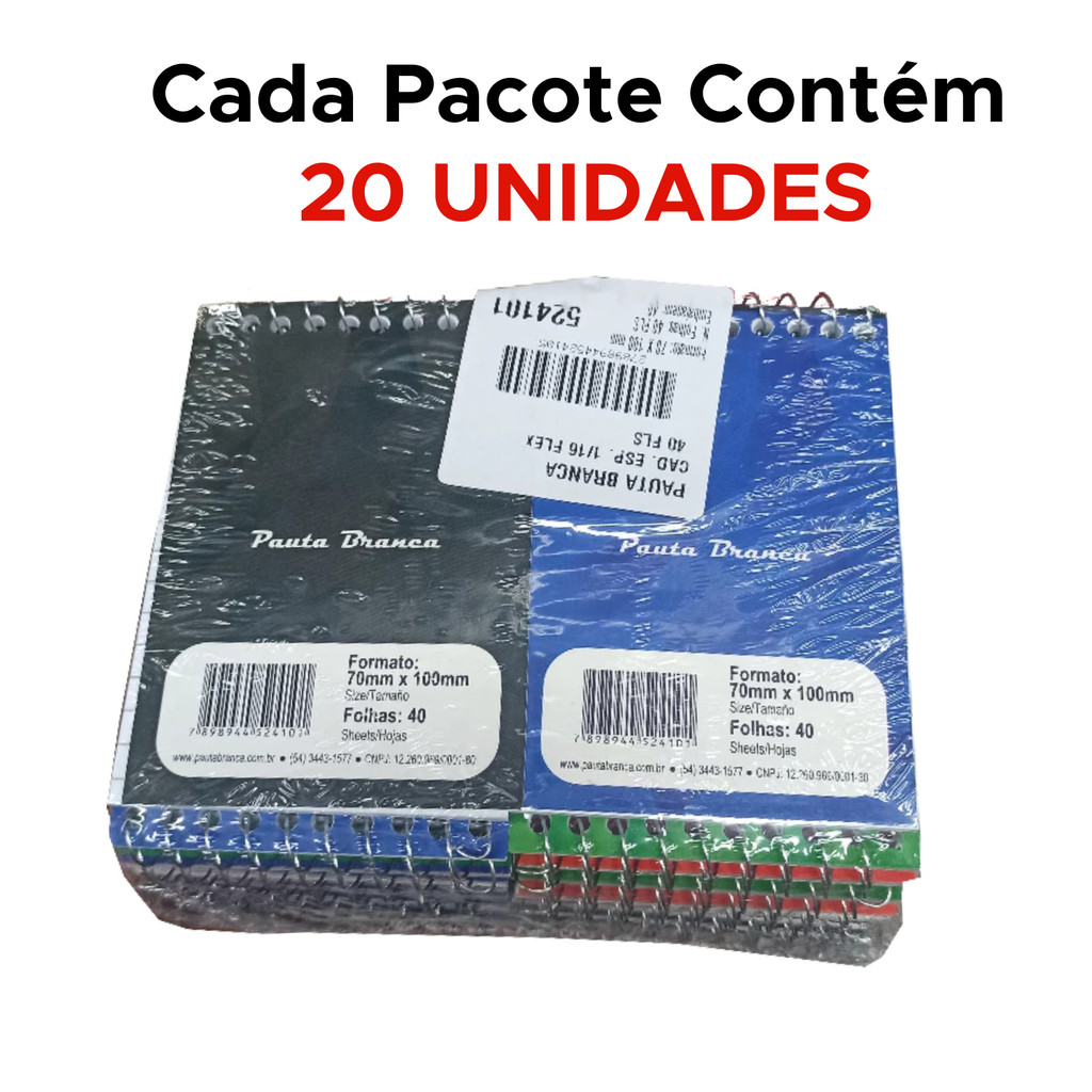 Kit Com 20 Cadernetas Apontamento Bloco de Anotações de Bolso Tamanho 1/16 Com 40 Folhas