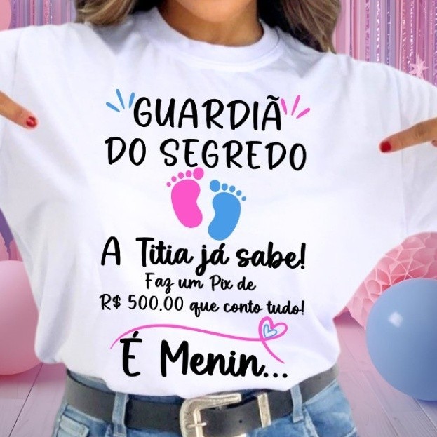 [Camiseta Premium em Algodão Puro]SISI Camisa Chá Revelação Guardiã Do Segredo Titia Já Sabe Pezinhos Rosa E Azul em Oferta na Shopee