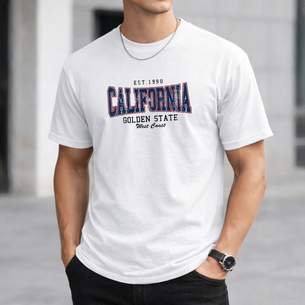 Camiseta Masculina Estampada California Golden Algodão Fio 30.1 Camisa Jovem Masculina