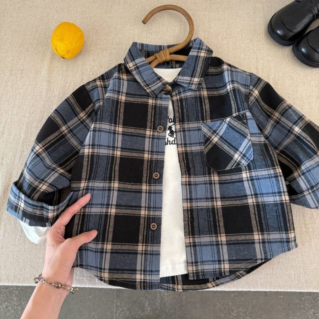 Crianças camisa jaqueta 2025 outono novo estilo roupas infantis meninos meninas xadrez lapela Casual camisas do bebê leg