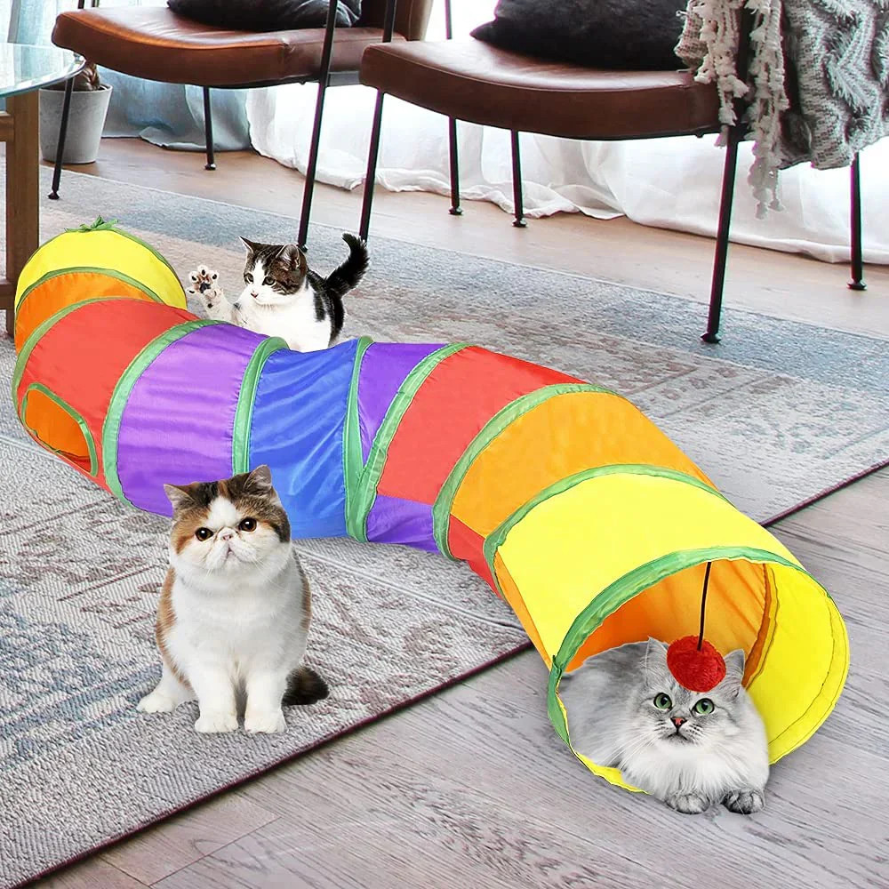 Túnel Dobrável para Gatos em T | Brinquedo com 3 Saídas e Janela, Diversão Felina