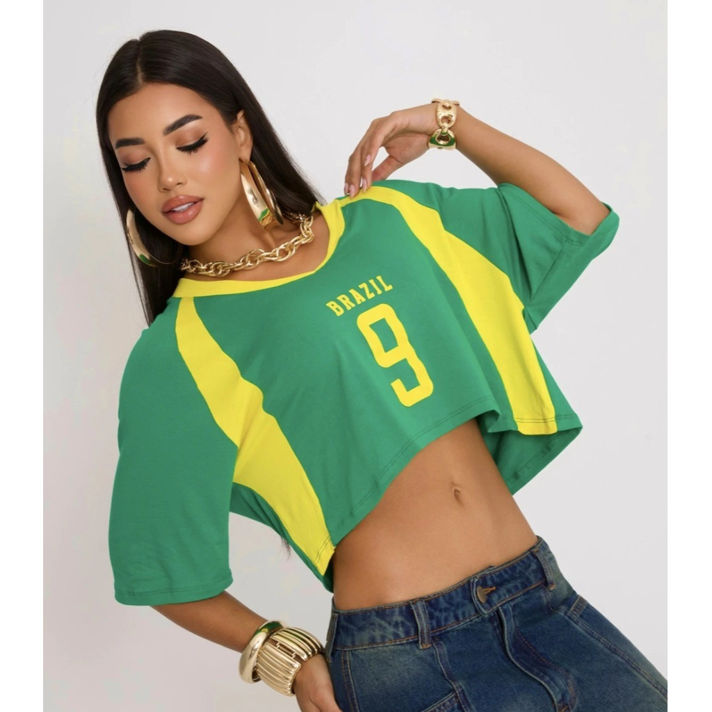 Blusa Brasil Oversize 9 Feminina Copa do Mundo Moda Blogueira Tendência Viscolycra
