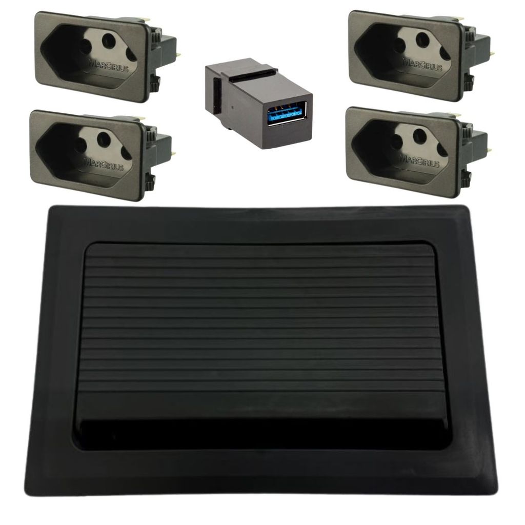 kit caixa de tomada preta c/4 modulos tomada e 1 modulo USB