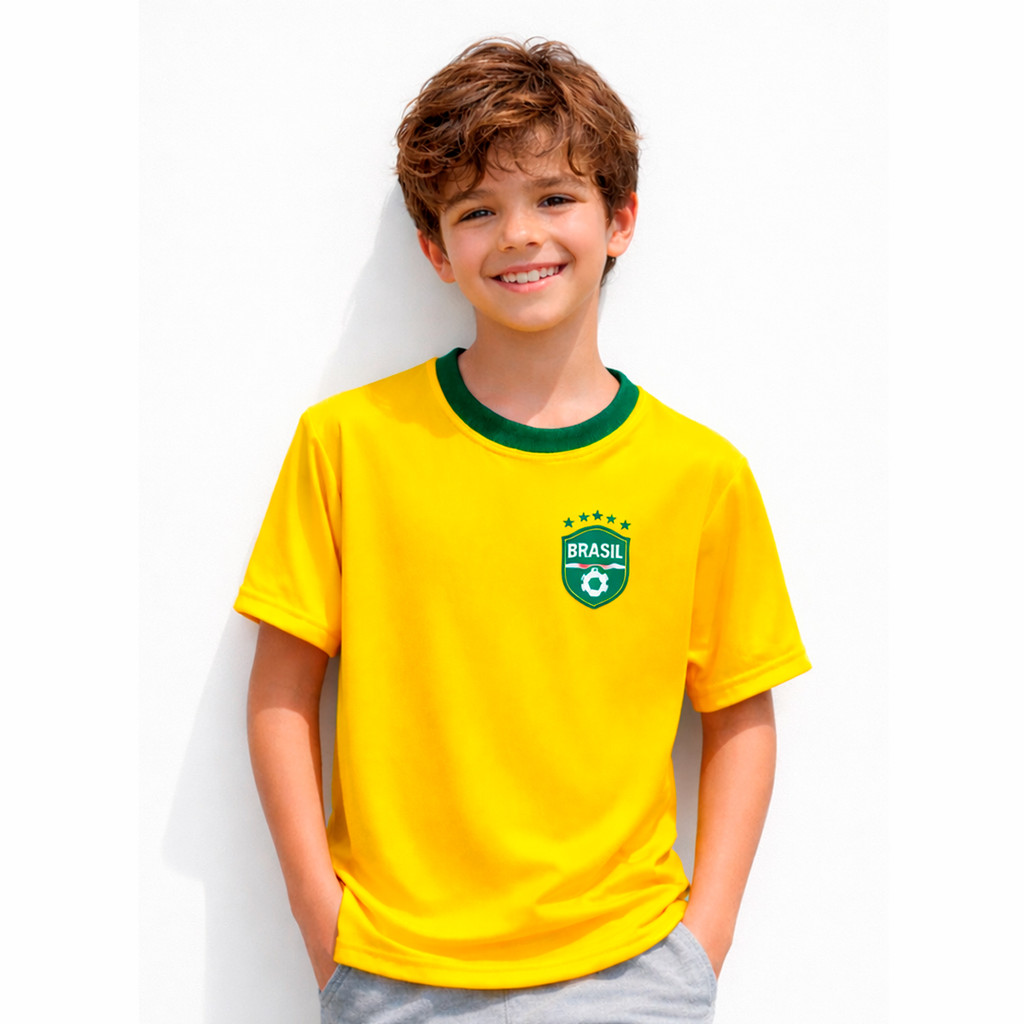 Camisa Infantil Seleção Brasileira Copa 2026 Mundo Brasil unissex menino menina poliéster secagem rápida entrega hoje