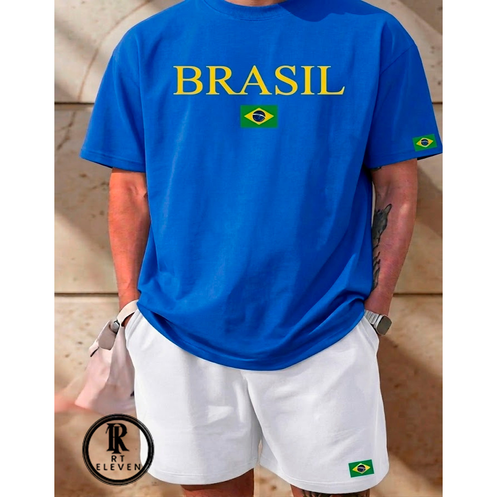 Conjunto Brasil Camiseta + Short Moletom Estampado Brasil  Street Camiseta Malha Linha Premium + Short Mauricinho