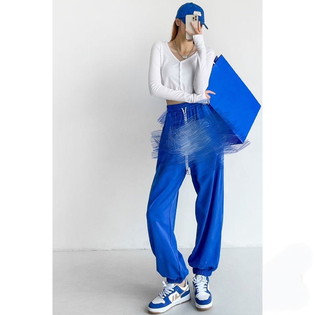 Estilo fino de verão!Respirável não abafado @ cintura alta elástica solta reta algemado Sweatpants feminino dança de rua