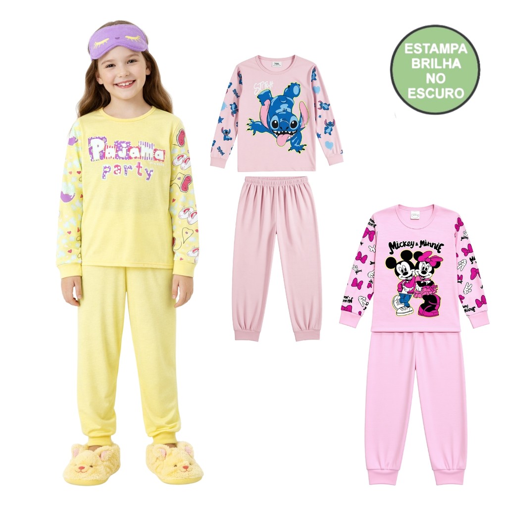 Conjunto Pijama Brilha no Escuro Personagens Manga Longa Menina Infantil Minnie Stitch Marie Inverno