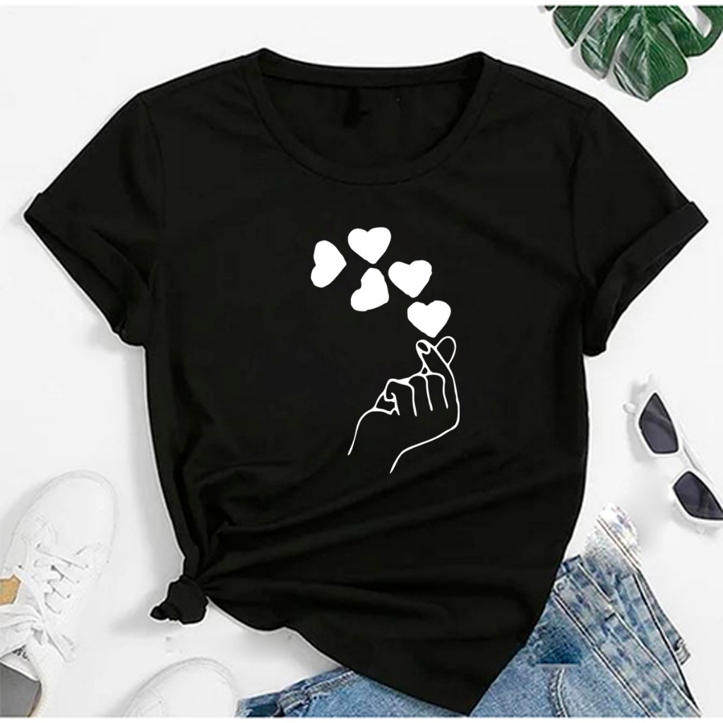 Camiseta T-shirt Feminina Blusinha Corações Dedo Estampada 100% Algodão Confortável Delicada
