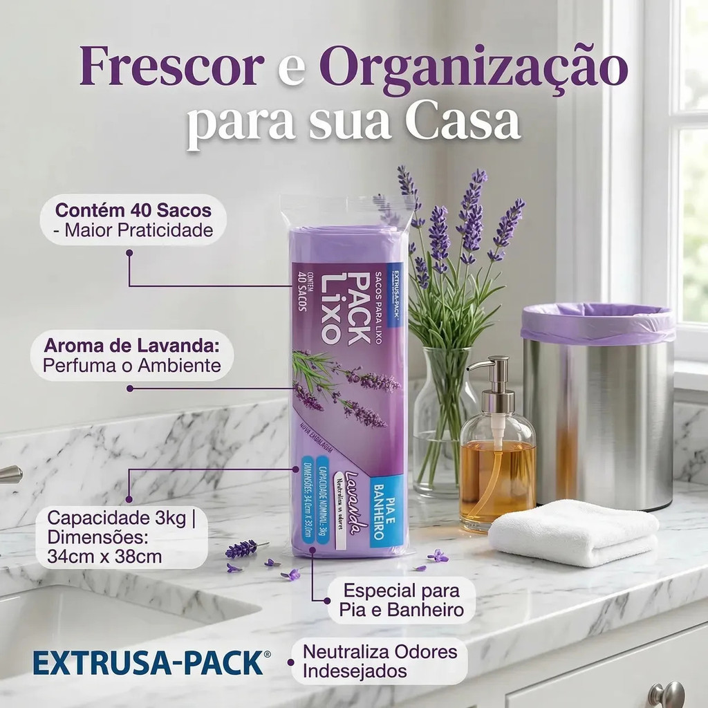 Saco Para Lixo Pia E Banheiro Lavanda Pack Lixo 40 Unidades