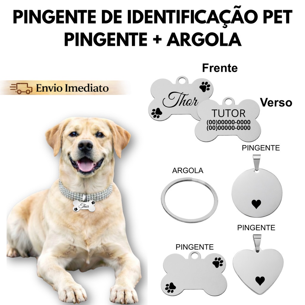Pingente De Identificação Cachorro Pet Personalizado Nome Telefone Prata Frente Verso Animais