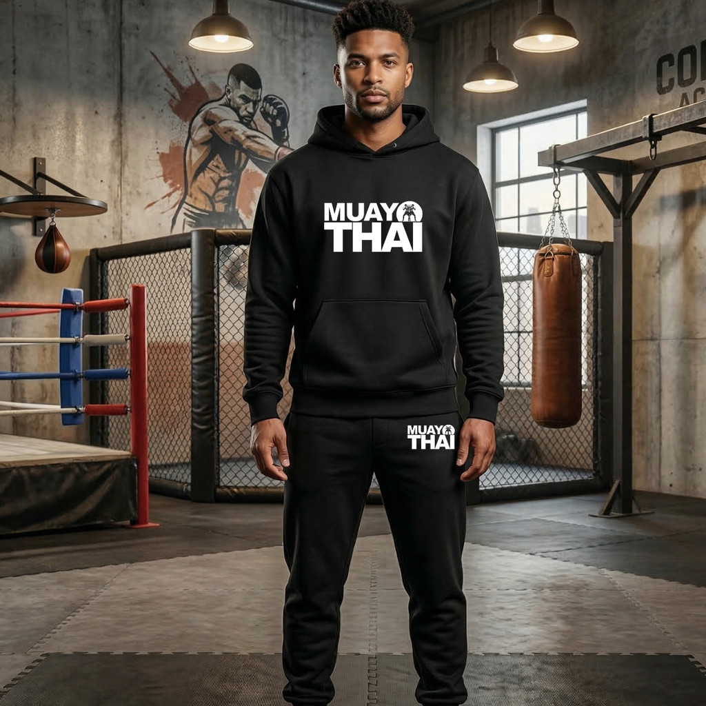Conjunto Moletom Canguru + Calça Masculino Muay Thai Look Esportivo Academia Blusa de frio