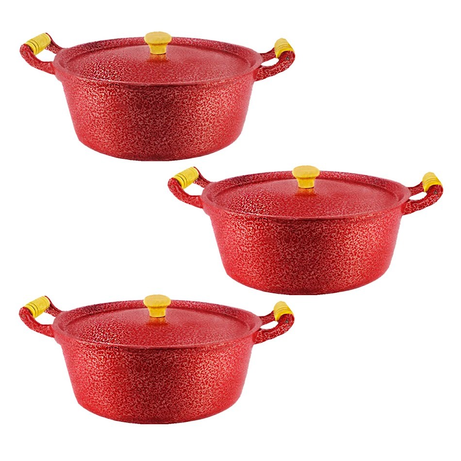 Kit 3 Caçarola Alumínio Craqueada Vermelha Alça Madeira 20cm