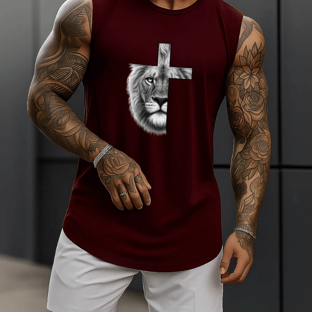 Regata Masculina Casual Streetwear Academia Algodão Leão Cruz 100% Estampada Premium Treino Fitness Verão